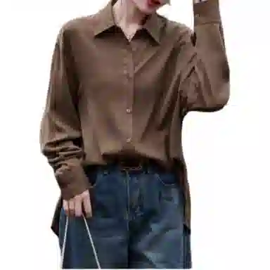 【dme】 纽扣纯色落肩长袖衬衫 女款 咖啡色