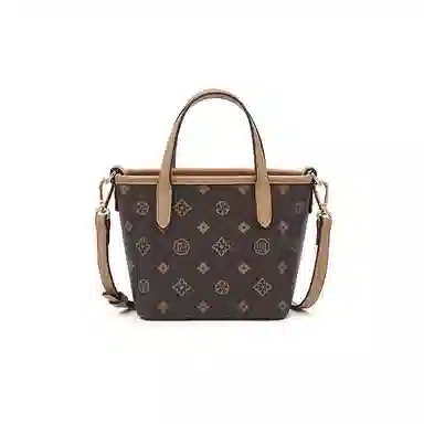 老人头 经典时尚老花小托特通勤休闲百搭可爱挂件菜篮子 合成革 单肩斜挎手提包 女款 咖色