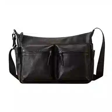 后步 通勤休闲机能风个性百搭运动质感 头层牛皮 单肩斜挎包 男女同款情侣款 黑色