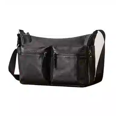 后步 通勤休闲机能风个性百搭运动质感 头层牛皮 单肩斜挎包 男女同款情侣款 黑色