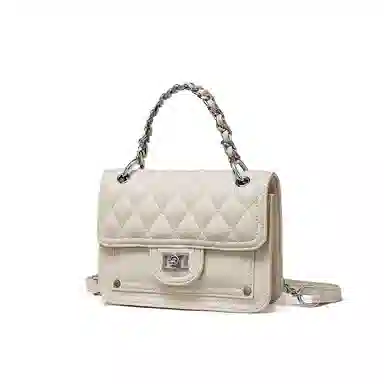 红蜻蜓 链条菱格 头层小牛皮 单肩手提包 中号 男女同款情侣款 米白色