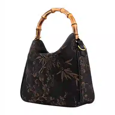 上海故事 香云纱新中式竹节 桑蚕丝拼粘胶纤维 手提包 中号 女款 经典黑