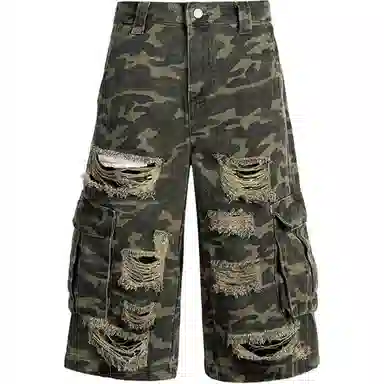 零氏 美式口袋拼接设计感高街百搭废土毛边破洞伐木裤机能风户外直筒休闲工装七分牛仔短裤 男女同款