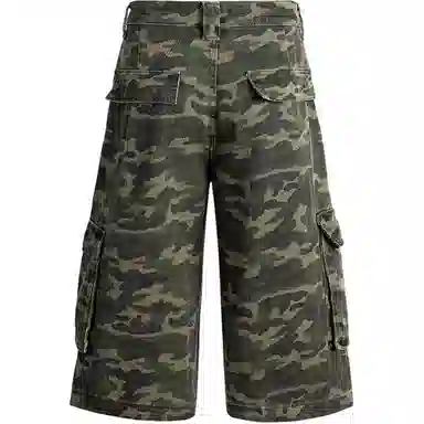 零氏 美式口袋拼接设计感高街百搭废土毛边破洞伐木裤机能风户外直筒休闲工装七分牛仔短裤 男女同款