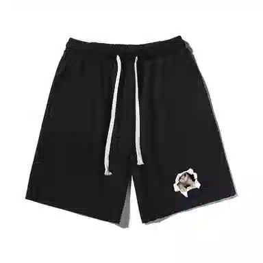 乱步 基础重磅美式破洞卡通猫印花宽松五分裤休闲短裤 男女同款