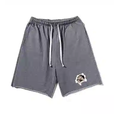 乱步 基础重磅美式破洞卡通猫印花宽松五分裤休闲短裤 男女同款