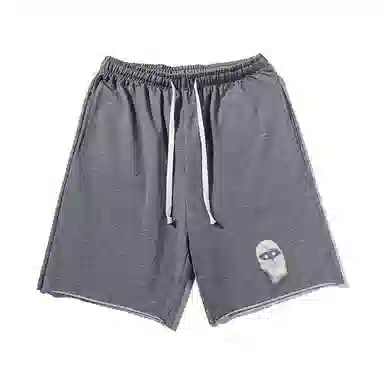 乱步 基础重磅趣味蒙面图案宽松透气吸汗运动风美式百搭卷边五分休闲短裤 男女同款