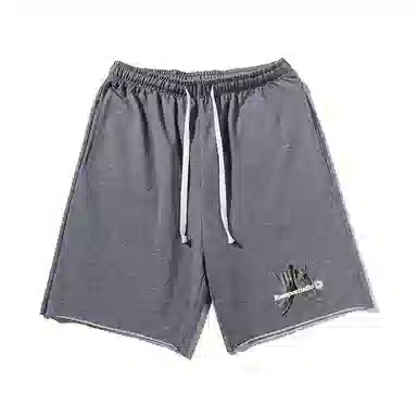 乱步 潮流手势图案字母印花宽松透气吸汗美式运动风五分休闲短裤 男女同款