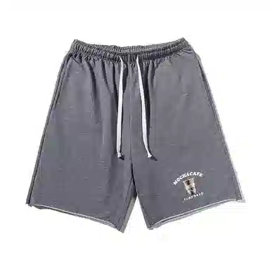 乱步 美式卷边运动风咖啡主题图案字母印花宽松透气五分休闲短裤 男女同款