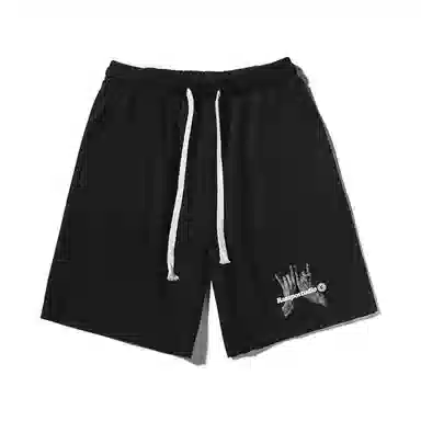 乱步 潮流手势图案字母印花宽松透气吸汗美式运动风五分休闲短裤 男女同款