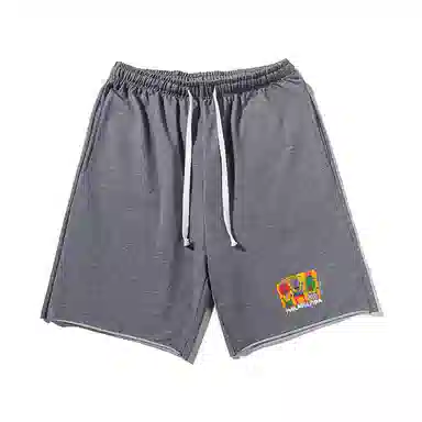 乱步 基础卷边多彩卡通图案字母印花宽松透气吸汗美式运动风五分休闲短裤 男女同款