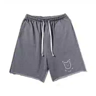 乱步 简约卡通小熊图案宽松透气基础重磅吸汗美式运动卷边五分休闲短裤 男女同款