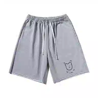 乱步 简约卡通小熊图案宽松透气基础重磅吸汗美式运动卷边五分休闲短裤 男女同款
