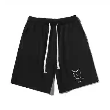 乱步 简约卡通小熊图案宽松透气基础重磅吸汗美式运动卷边五分休闲短裤 男女同款