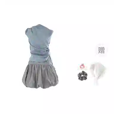 桴生 韩系半高领显瘦修身气质优雅时尚设计感小众蓝色条纹抽绳绑带衬衫无袖上衣高腰休闲宽松花苞短裙裙装套装 女款