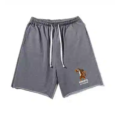 乱步 印花宽松透气吸汗美式老虎图案字母运动风卷边百搭五分休闲短裤 男女同款