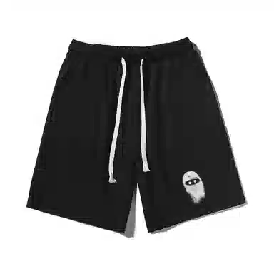 乱步 基础重磅趣味蒙面图案宽松透气吸汗运动风美式百搭卷边五分休闲短裤 男女同款