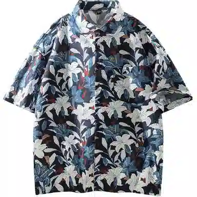 零氏 旅行度假潮流时尚印花舒适休闲基础短袖百搭宽松慵懒衬衫 男女同款