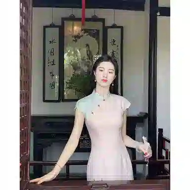 沐晓欣 春棠新中式撞色渐变旗袍女春夏全包边旗袍领收腰开叉短袖连衣裙 女款