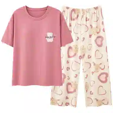 兰缪 凉感甜美爱心可爱小熊印花柔软亲肤面料舒适安睡居家可外穿睡衣套装 女款