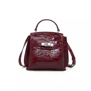 老人头 时尚通勤百搭优雅气质高级质感鳄鱼纹凯莉包 头层牛皮 单肩斜挎手提包 常规 女款 安格拉红/黑色/棕色