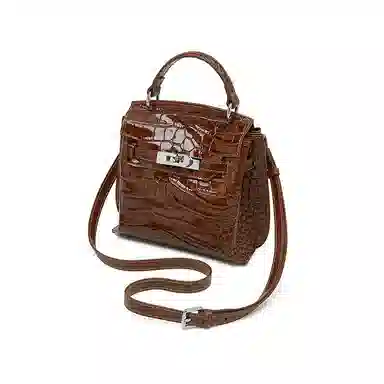 老人头 时尚通勤百搭优雅气质高级质感鳄鱼纹凯莉包 头层牛皮 单肩斜挎手提包 常规 女款 安格拉红/黑色/棕色