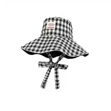 艾佳微 韩版小清新甜美格子系带大檐遮阳帽双面戴百搭防晒帽 棉 渔夫帽 男女同款情侣款