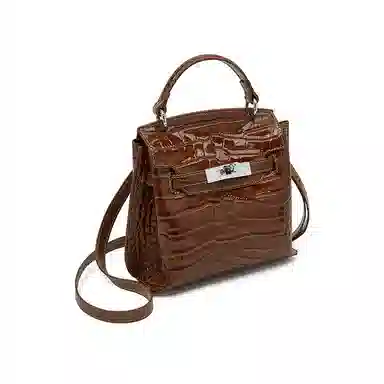 老人头 时尚通勤百搭优雅气质高级质感鳄鱼纹凯莉包 头层牛皮 单肩斜挎手提包 常规 女款 安格拉红/黑色/棕色