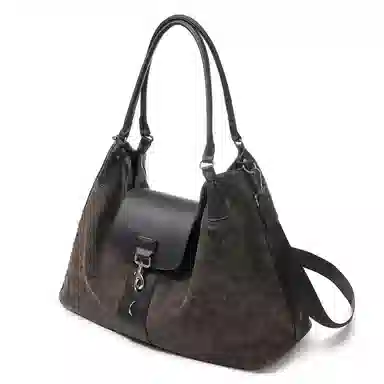 黑田矢衛 苔岩做旧手抓纹托特包锁扣小众拼接高级感松弛感通勤流浪包手提斜挎包 帆布 砺锁 单肩包 大号 男女同款情侣款 褐绿色