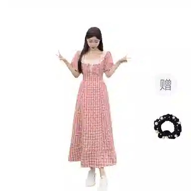 雾闪闪 合身高腰适中方领短袖连衣裙 女款