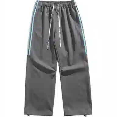 零氏 美式高街撞色简约侧边三条杠条纹拼接复古阔腿学院风青年直筒中腰系带宽松薄款透气时尚百搭长裤子休闲裤 男女同款