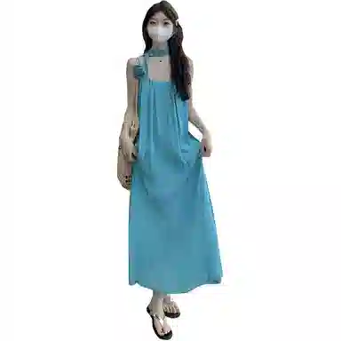 兰缪 夏季薄荷曼波沙滩裙仙女风挂脖无袖连衣裙 女款