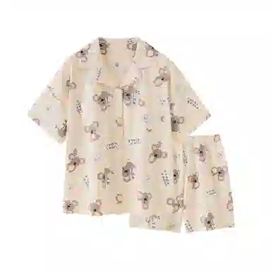 夏芬妍 柔软舒适卡通考拉翻领开衫家居服亲肤短袖短裤休闲带胸垫可外穿睡衣套装 女款