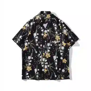 虫小绿 夏威夷古巴满印花卉植物小众设计感沙滩旅行短袖衬衫 男女同款