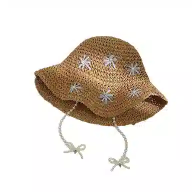艾佳微 珍珠蝴蝶结小清新花朵遮阳海边沙滩防晒太阳 草编 渔夫帽 女款