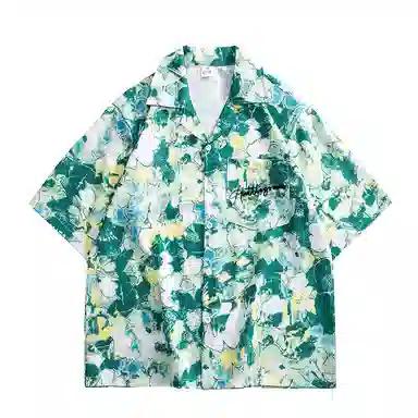 虫小绿 夏威夷古巴满印花卉植物小众设计感沙滩旅行短袖衬衫 男女同款