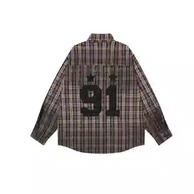 永言 美式复古格纹刺绣长短款外套衬衣休闲宽松复古格子字母印花长袖衬衫 男女同款