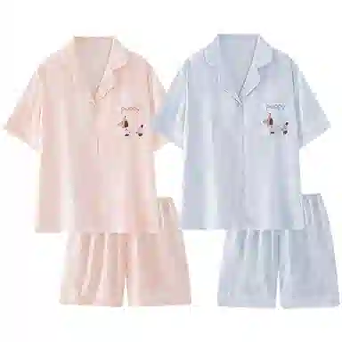 顶瓜瓜 冰丝翻领开衫卡通腊肠狗家居服短袖三分裤睡衣套装 男女同款
