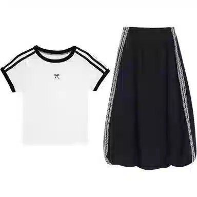 木清清 条纹正肩短袖半身裙女夏季休闲套装 女款