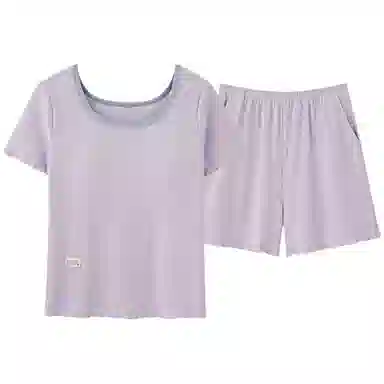 兰缪 时尚舒适透气自带胸垫微弹无束缚短袖三分裤睡衣套装 女款