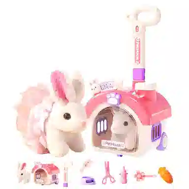 益米 电动毛绒兔子 粉色拉杆小屋 过家家 早教益智玩具