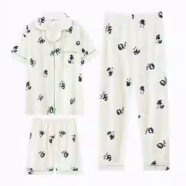 夏芬妍 柔软舒适卡通竹叶熊猫云朵棉翻领开衫家居服亲肤休闲短袖三件套时尚可外穿睡衣套装 女款 杏色