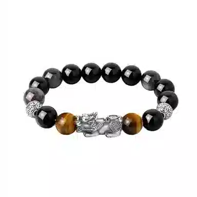 【999足银纯银 财源广进】 福韵金 六桂福 招财貔貅吞金兽新中式国潮复古招财纳福转运珠#好运合成/人造 黑曜石 手串 男女同款情侣款