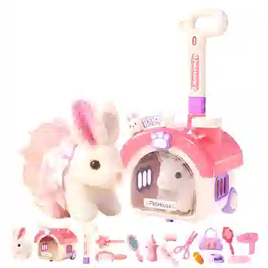 益米 电动毛绒兔子 粉色拉杆小屋 过家家 早教益智玩具