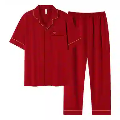 夏芬妍 喜气简约柔软舒适翻领开衫中国红本命年家居服亲肤休闲短袖长裤时尚可外穿睡衣套装 男女同款