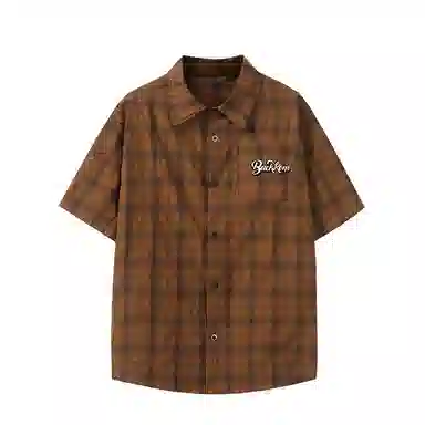 大卫贝肯 韩版复古格子基础款时尚休闲学院风小众褶皱设计随性慵懒感无性别主义宽松百搭轻薄凉爽透气日常通勤翻领短袖衬衫 男女同款