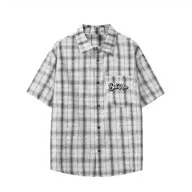 大卫贝肯 韩版复古格子基础款时尚休闲学院风小众褶皱设计随性慵懒感无性别主义宽松百搭轻薄凉爽透气日常通勤翻领短袖衬衫 男女同款