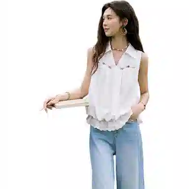 谜秀 翻领镂空花边纯色无袖法式衬衫 女款