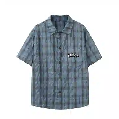 大卫贝肯 韩版复古格子基础款时尚休闲学院风小众褶皱设计随性慵懒感无性别主义宽松百搭轻薄凉爽透气日常通勤翻领短袖衬衫 男女同款