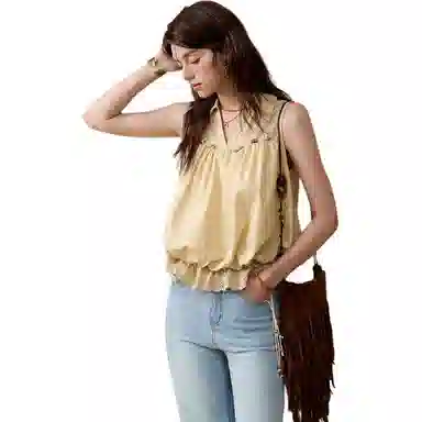 谜秀 翻领镂空花边纯色无袖法式衬衫 女款